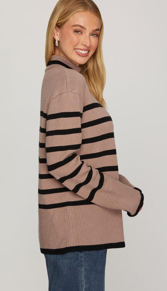 Kate Mock Neck Striped Sweater Top- Mocha
