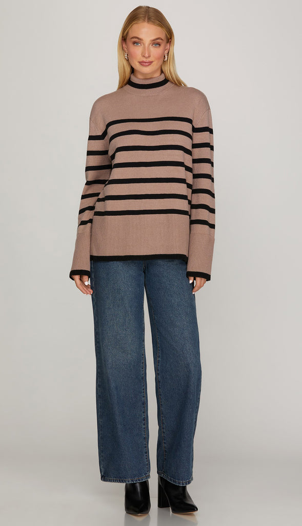Kate Mock Neck Striped Sweater Top- Olive