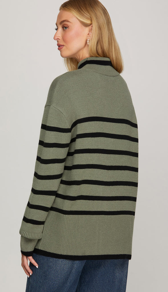 Kate Mock Neck Striped Sweater Top- Mocha