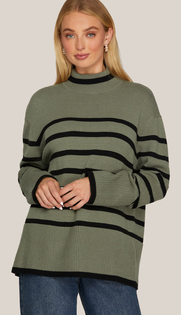 Kate Mock Neck Striped Sweater Top- Olive
