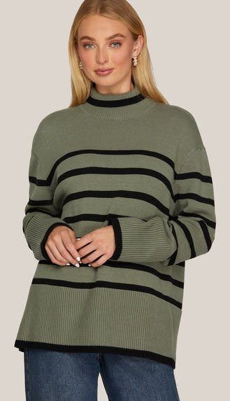Kate Mock Neck Striped Sweater Top- Olive