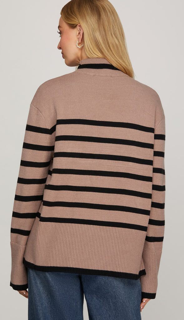 Kate Mock Neck Striped Sweater Top- Mocha