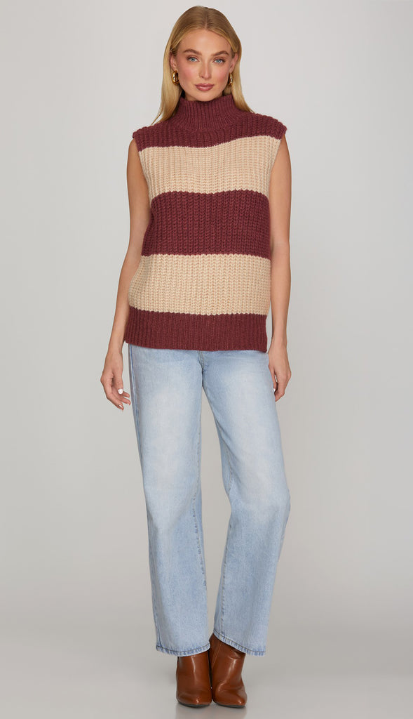 Scarlett Striped Sleeveless Sweater- Wine