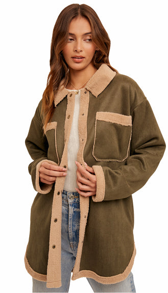 Move Mountains Suede Shacket- Olive