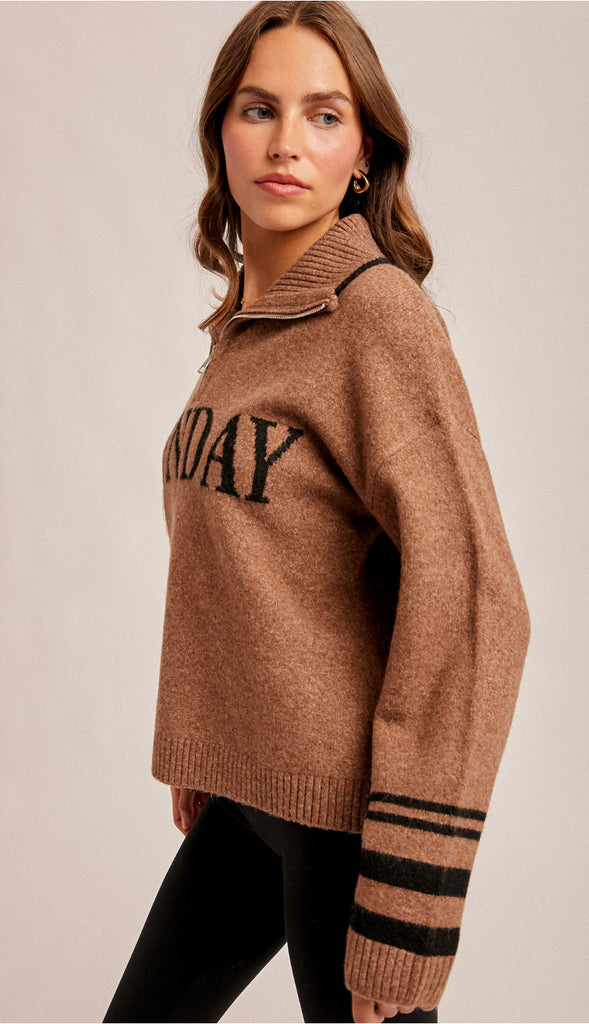 Sunday Half Zip Up Lettering Sweater- Mocha