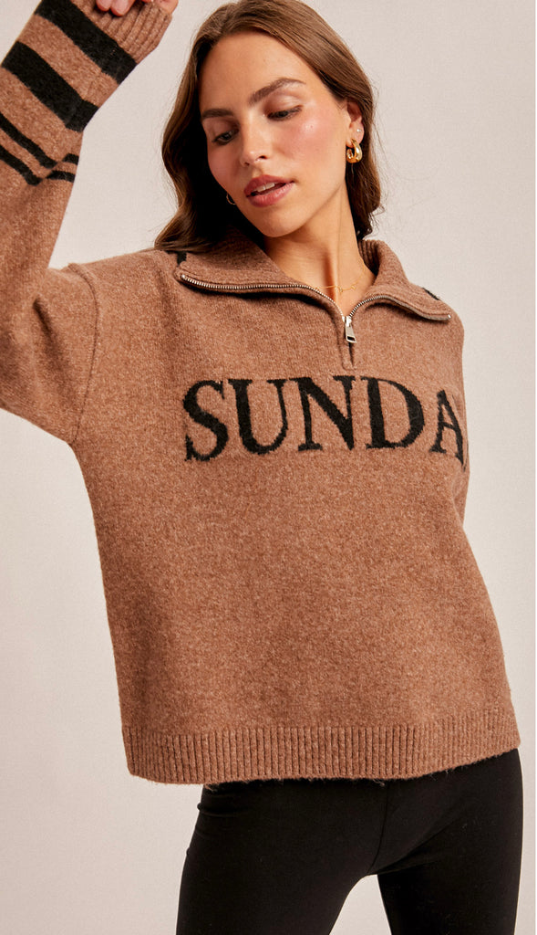 Sunday Half Zip Up Lettering Sweater- Mocha