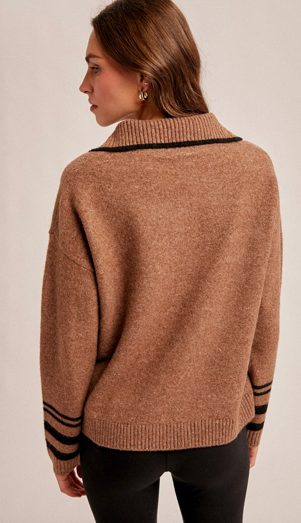 Sunday Half Zip Up Lettering Sweater- Mocha