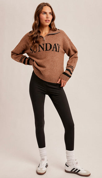 Sunday Half Zip Up Lettering Sweater- Mocha