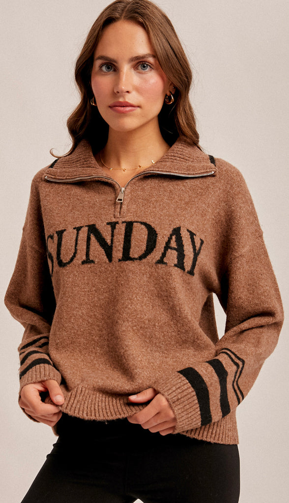 Sunday Half Zip Up Lettering Sweater- Mocha