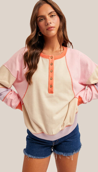 Summer Sunset Colorblock Henley Top- Sand/Coral