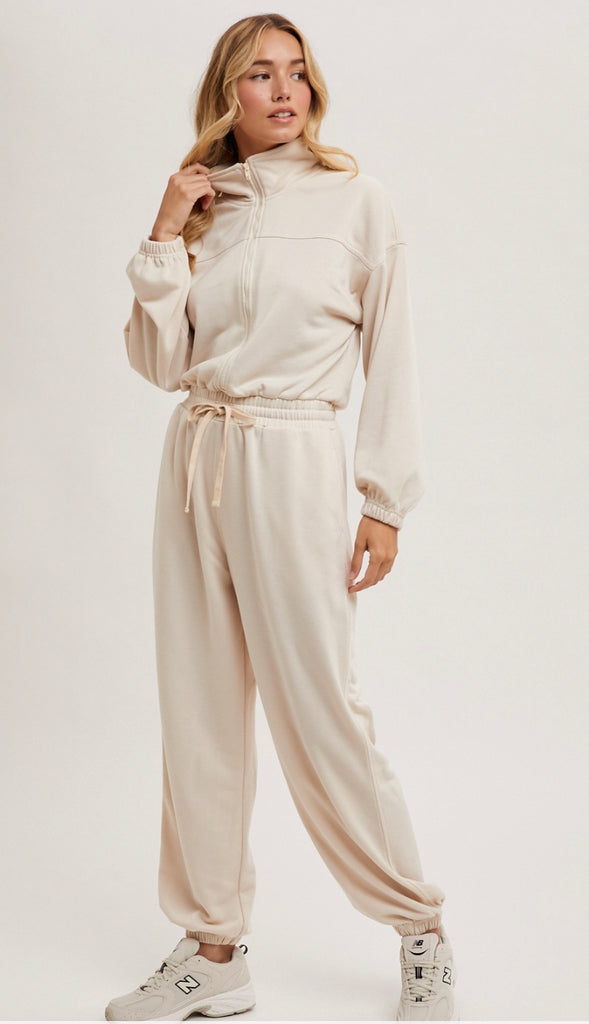Lounge Day Zipper Front Sweatshirt Jumpsuit- Shell