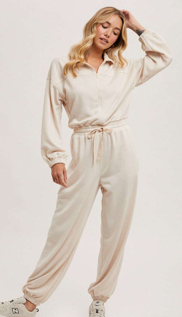 Lounge Day Zipper Front Sweatshirt Jumpsuit- Shell