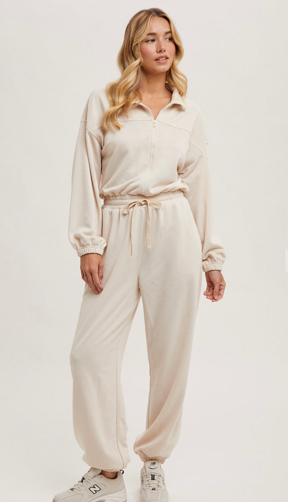 Lounge Day Zipper Front Sweatshirt Jumpsuit- Shell