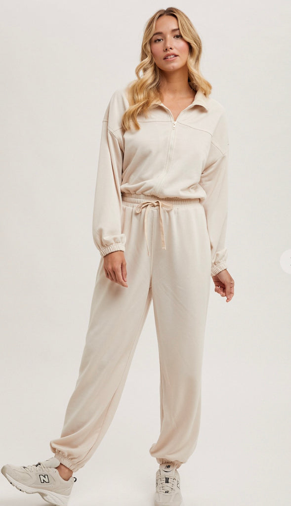Lounge Day Zipper Front Sweatshirt Jumpsuit- Shell