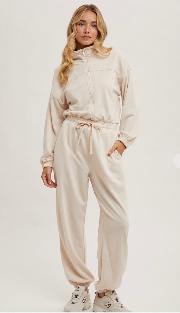 Lounge Day Zipper Front Sweatshirt Jumpsuit- Shell