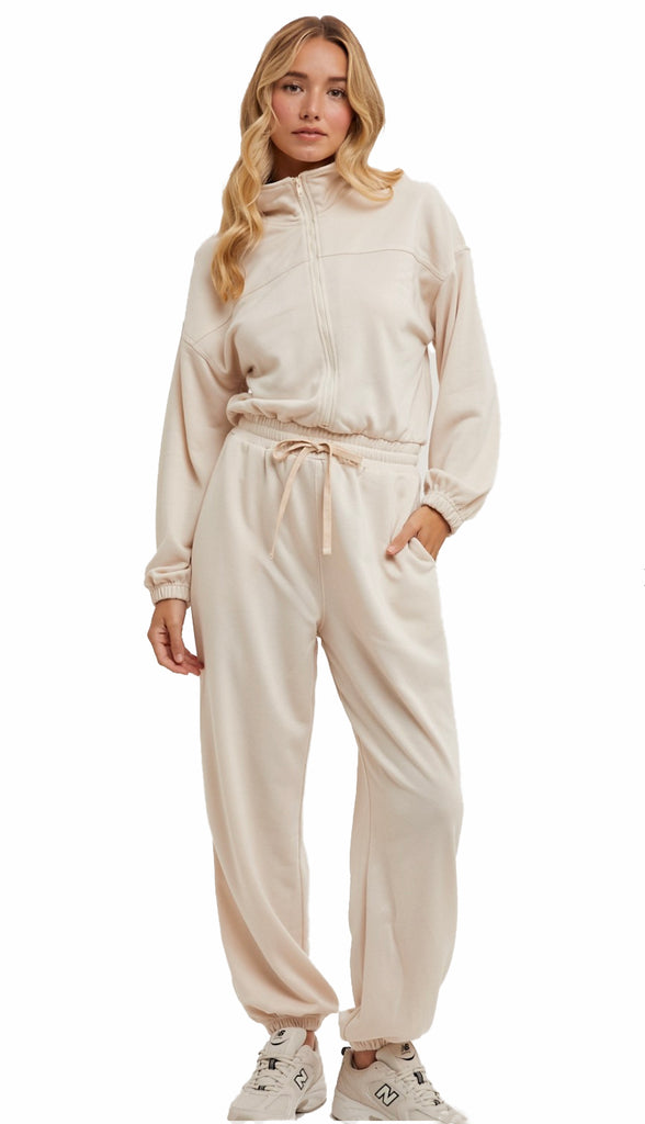 Lounge Day Zipper Front Sweatshirt Jumpsuit- Shell