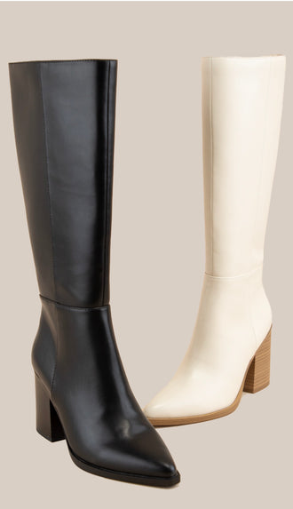 Pointed Toe Block Heel Tall Boots- Black