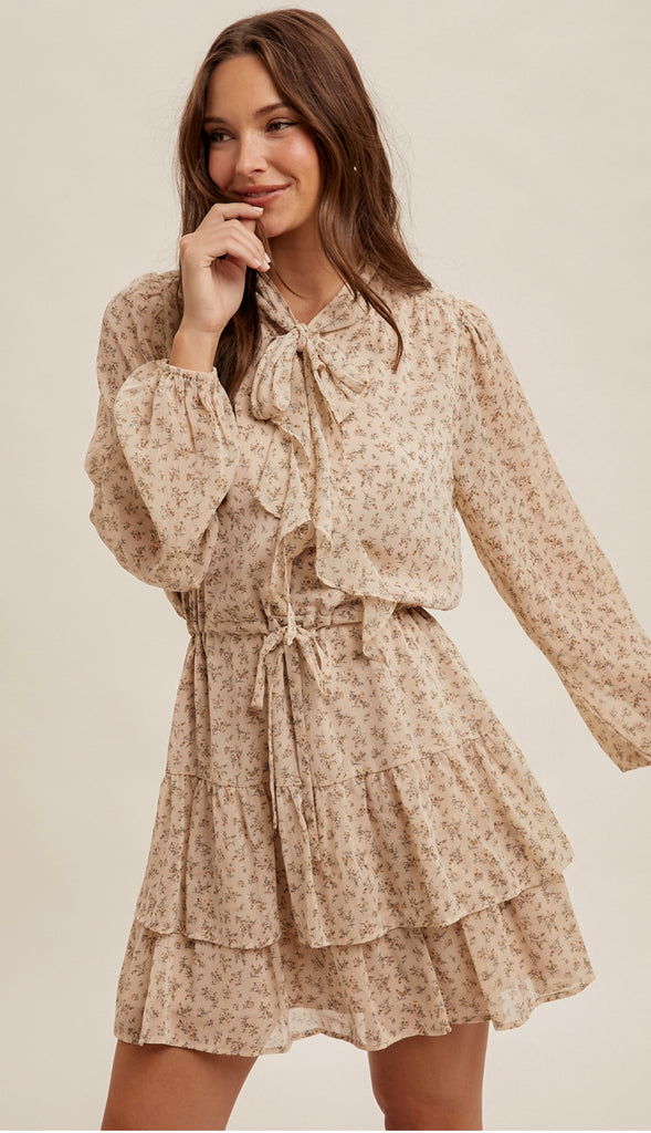 Belle Front Tie Waist Tiered Dress- Stone