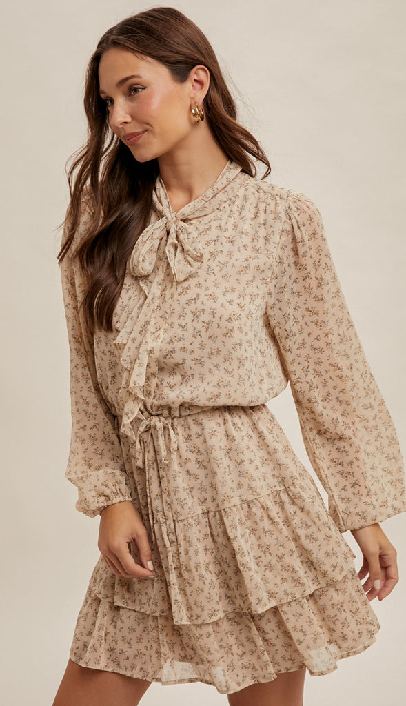 Belle Front Tie Waist Tiered Dress- Stone