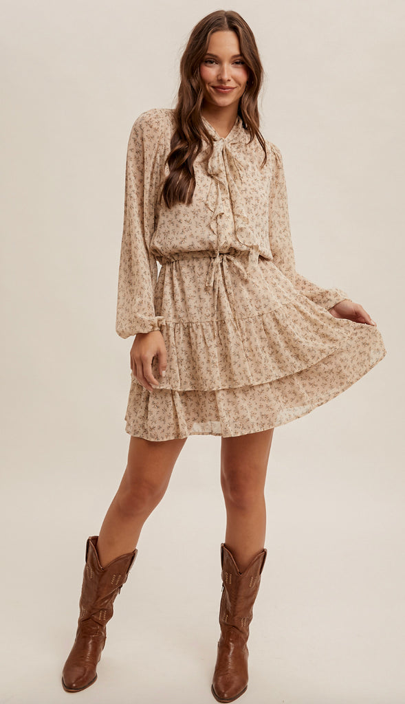 Belle Front Tie Waist Tiered Dress- Stone