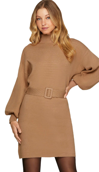 Mandi Mock Neck Tie Belt Sweater Dress- Taupe