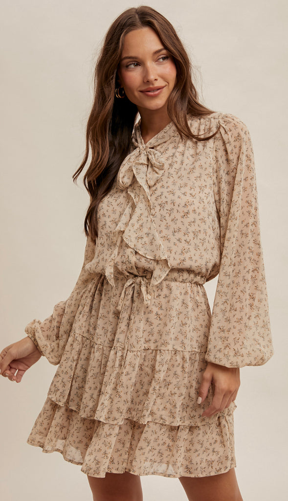 Belle Front Tie Waist Tiered Dress- Stone