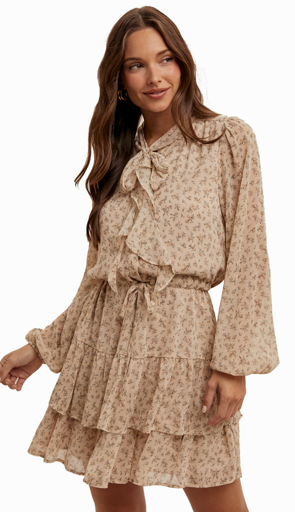 Belle Front Tie Waist Tiered Dress- Stone