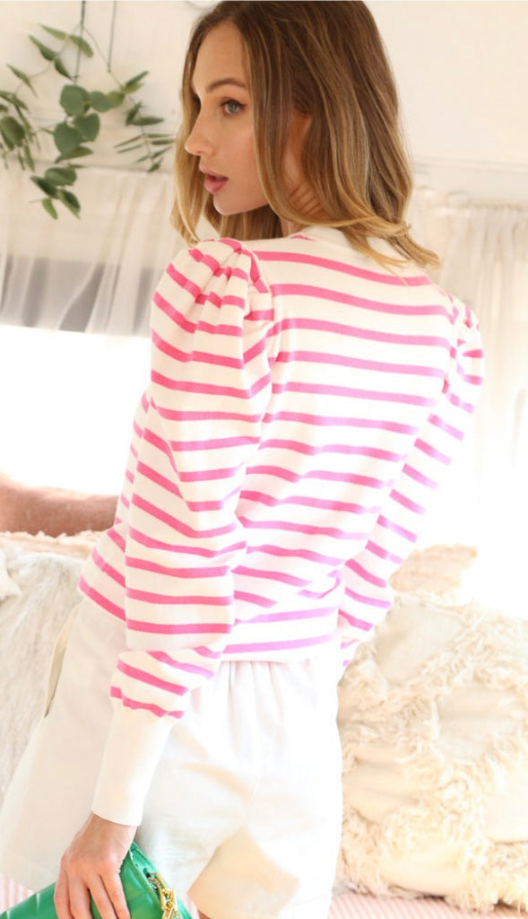 Lively Puff Sleeve Stripe Sweater- Taupe
