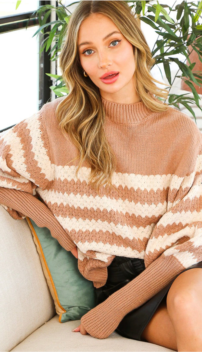Lyia Puff Sleeve Stripe Sweater- Taupe