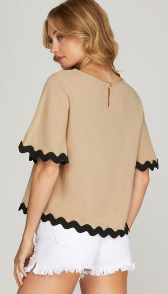 Work To Happy Hour Contrast Trim Top- Taupe