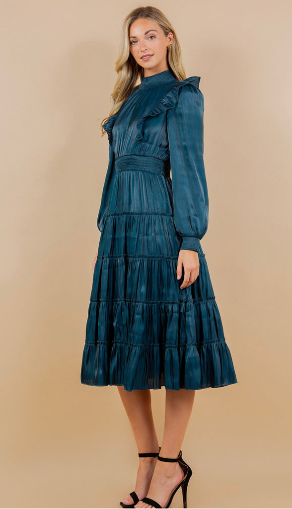 Take Me Away Tiered Midi Dress- Teal