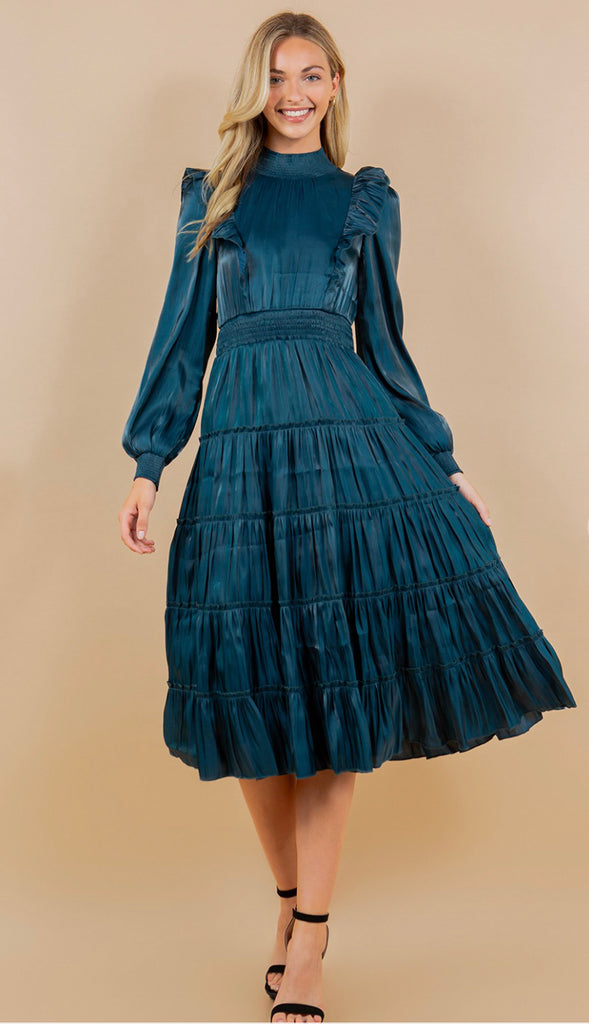 Take Me Away Tiered Midi Dress- Teal