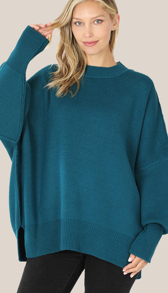 Easy Does It Side Slit Oversized Sweater- Teal