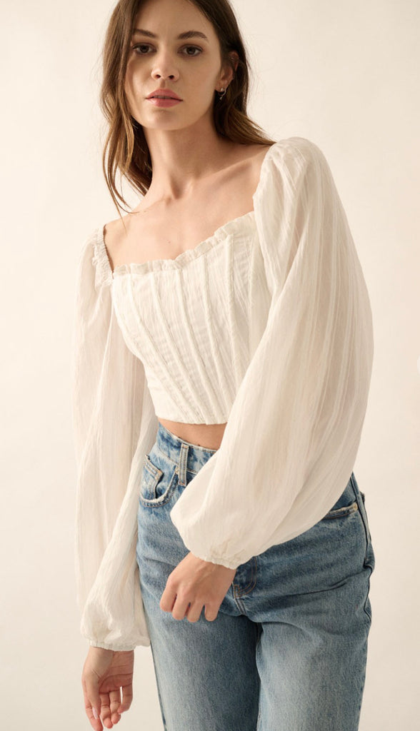 Ariel Textured Crop Corset Top- Off White