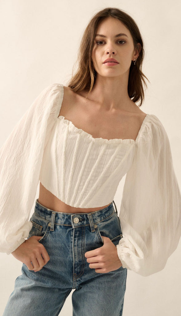 Ariel Textured Crop Corset Top- Off White