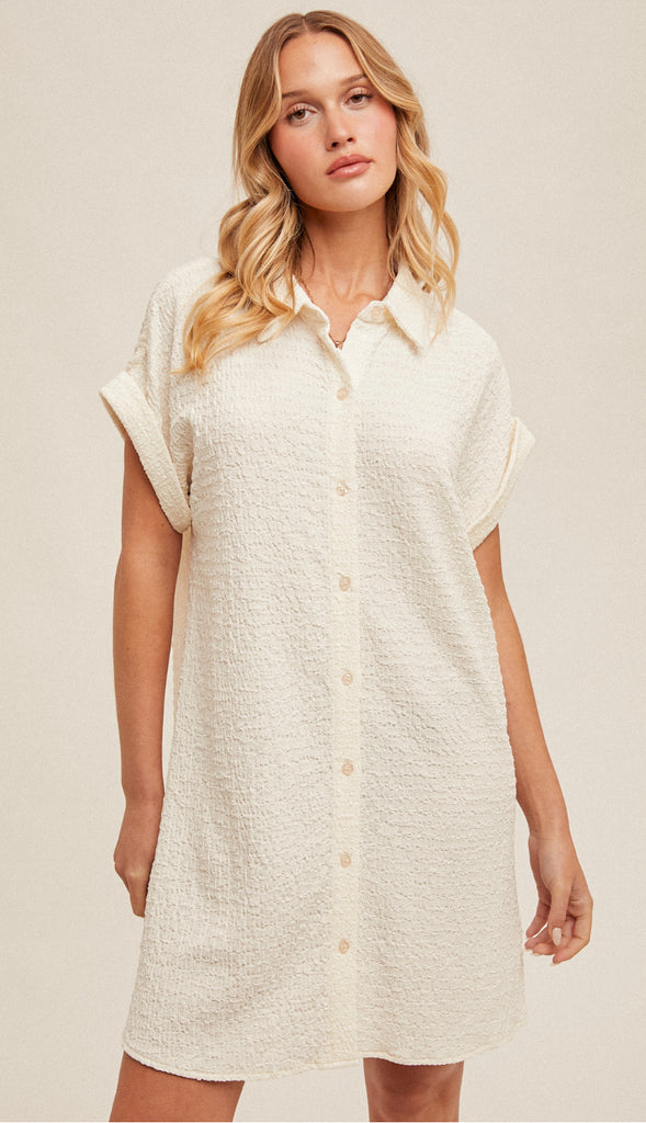 Ellora Roll Sleeve Textured Shirt Dress- Off White
