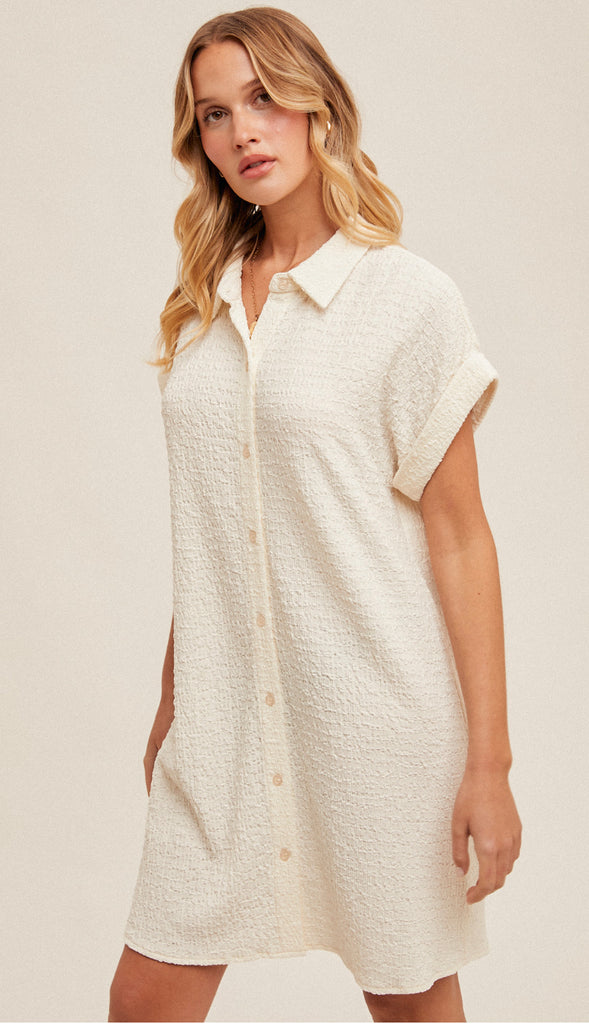 Ellora Roll Sleeve Textured Shirt Dress- Off White