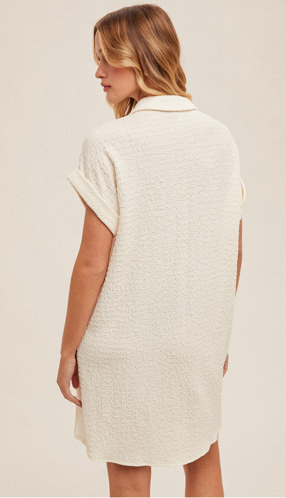 Ellora Roll Sleeve Textured Shirt Dress- Off White