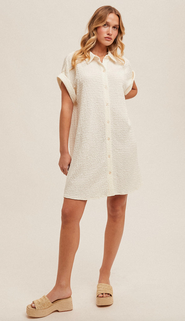 Ellora Roll Sleeve Textured Shirt Dress- Off White