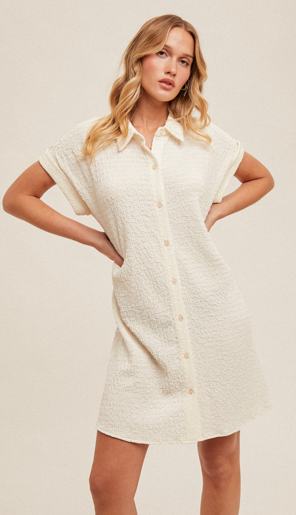 Ellora Roll Sleeve Textured Shirt Dress- Off White