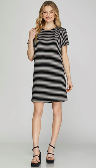 Aubrey Stripe Texture Knit Dress- Black/Cream