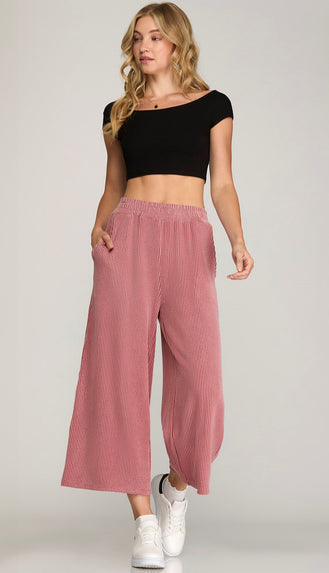 Millie Wide Leg Textured Crop Pants- Mauve