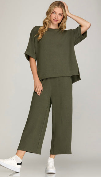 Millie Half Sleeve Textured Top- Olive