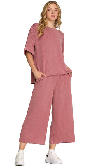 Millie Wide Leg Textured Crop Pants- Mauve