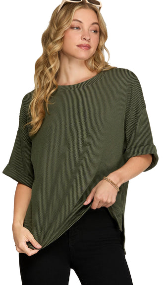 Millie Half Sleeve Textured Top- Olive