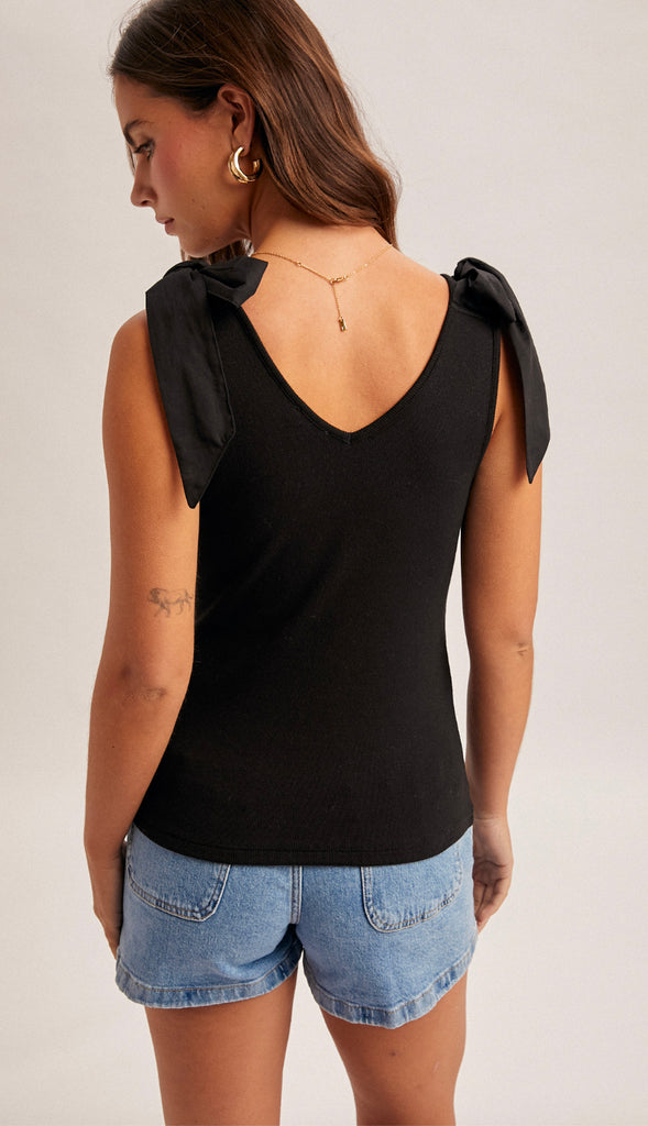 Isla Ribbed Bow Tie Sleeveless Tank- White