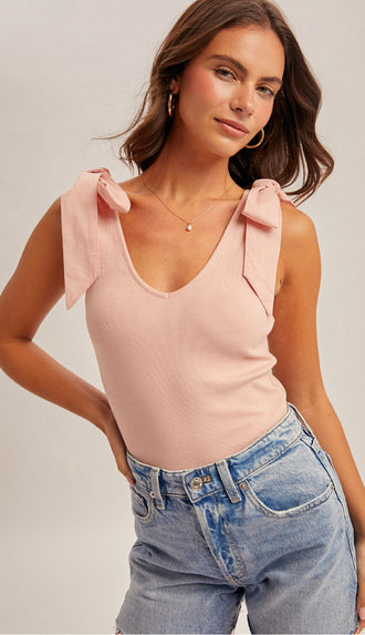 Isla Ribbed Bow Tie Sleeveless Tank- Pink