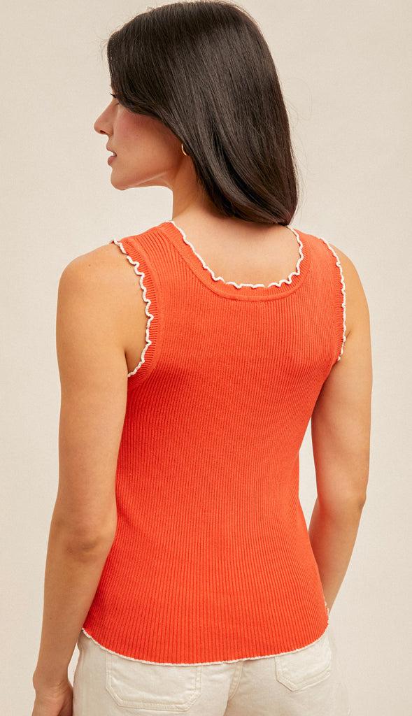 Cabbage Trim Ribbed Tank- Tomato Red