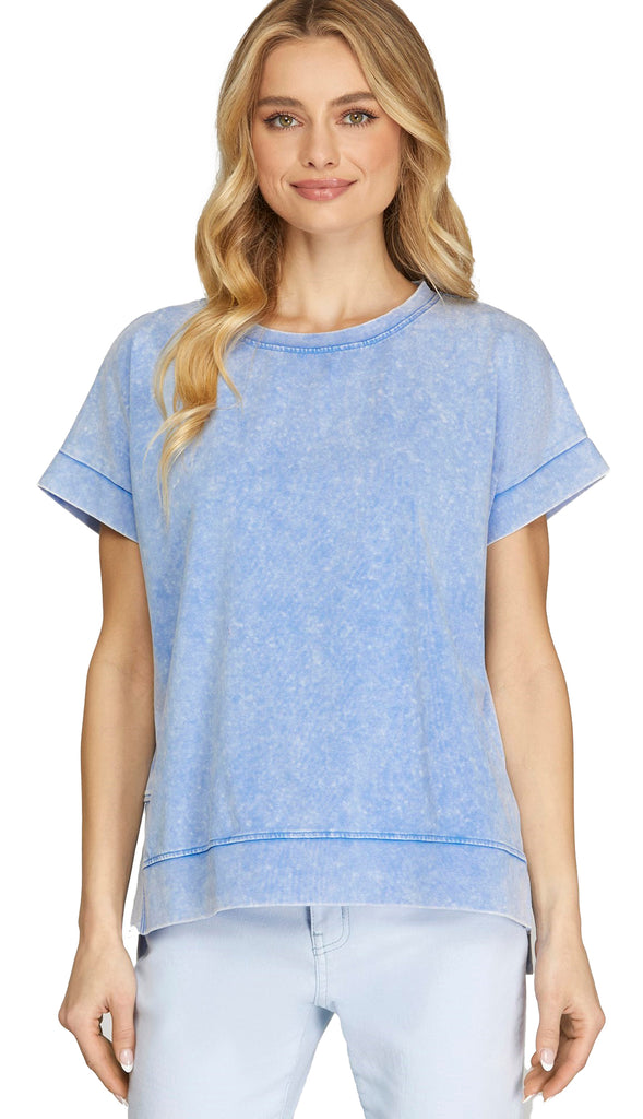 Nora Crewneck Cotton Top- Misty Blue