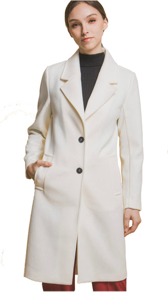 Sarena Long Lapel Button Coat- Ivory